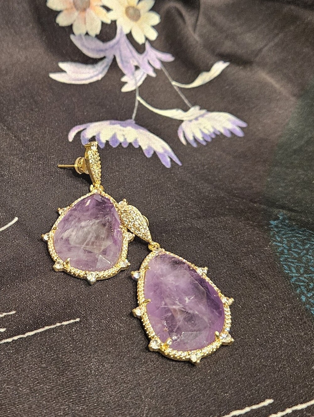 Gold-Plated Amethyst Teardrop Drop Earrings - Purple